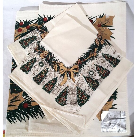 Christmas Holiday Themed Placemats Napkins 100% Cotton Trees Holly Candle Set 2 - Picture 6 of 6